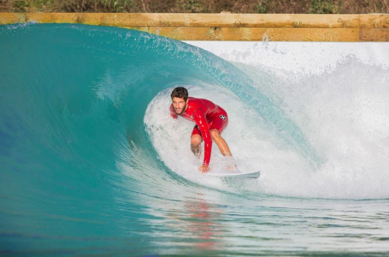 Filipe Toledo testing the new tube at the Waveagarden Cove Demo Center